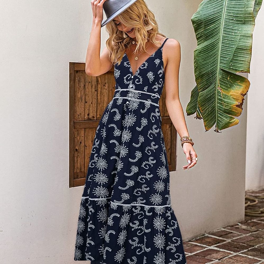 BerryGo Embroidery Pearl Button Down Dress V Neck Spaghetti Strap Maxi Dress